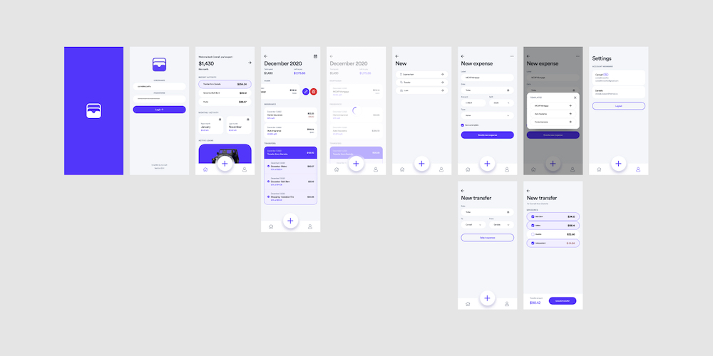 Figma board with app design screens.