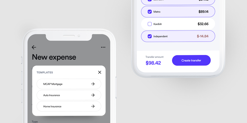 Create new expense view with the saved templates popup, and the select expenses view of a new transfer.