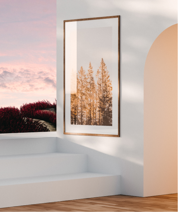 Foggy Babel in a frame on a green wall.